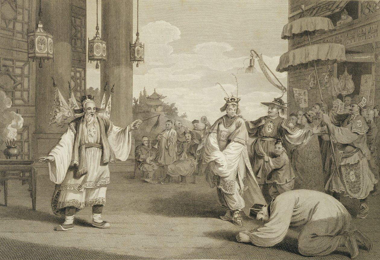 Een scène in een historisch toneelstuk opgevoerd op het Chinese podium, gegraveerd door James Heath, uitgegeven door G. Nicol, 1796 door William Alexander