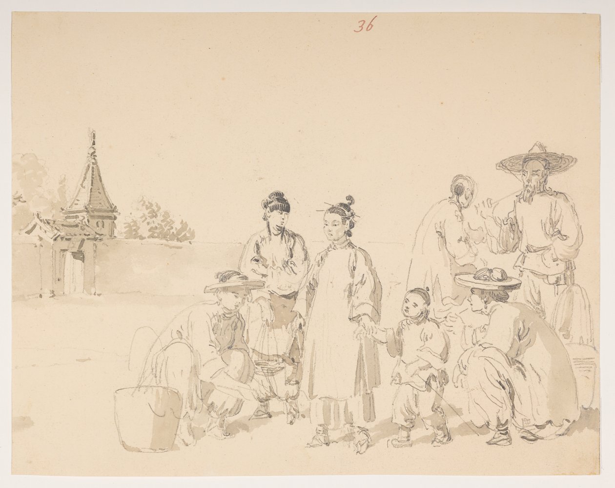 Een groep, uit een Album van 372 tekeningen van landschappen, kustlijnen, kostuums en het dagelijks leven gemaakt tijdens de ambassade van Lord Macartney naar de Keizer van China door William Alexander