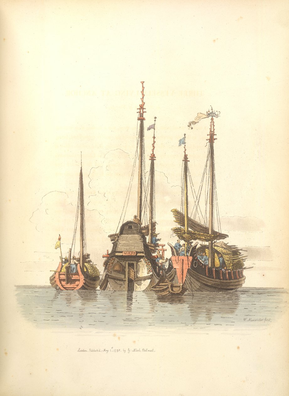 Drie schepen voor anker door William Alexander