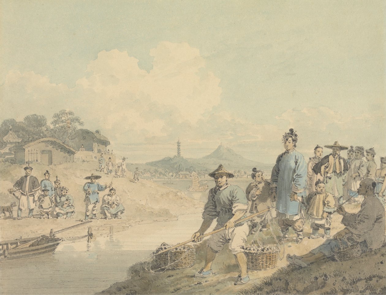 Uitzicht in China: Figuren met Pagode en Berg door William Alexander