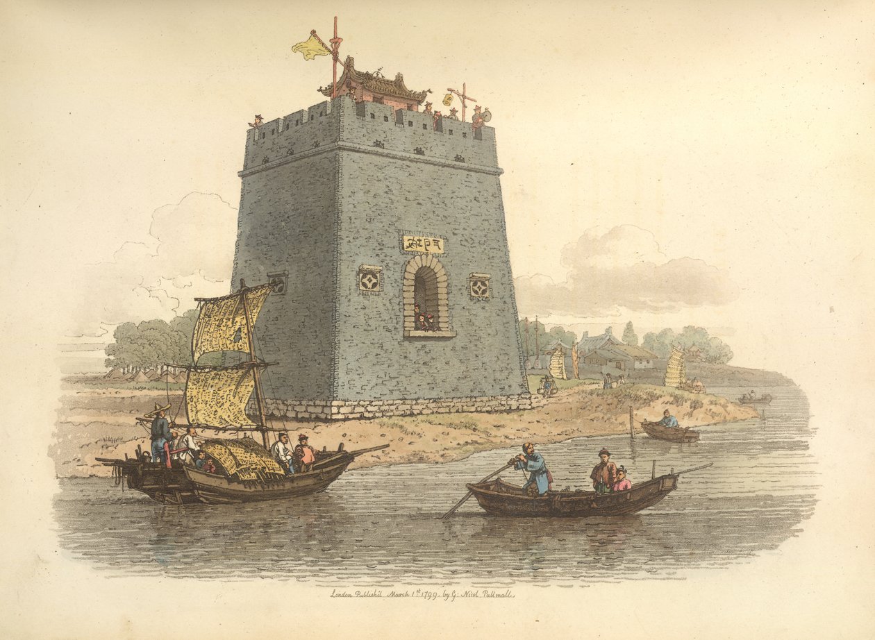 Uitzicht op een kasteel. Beschreven als zijnde nabij de stad Tien-sin. Binnen de kantelen is een gebouw om wachters te beschutten, een van hen slaat op een gong om de nadering van een onderkoning of mandarijn van rang aan te kondigen aan het garnizoen. door William Alexander