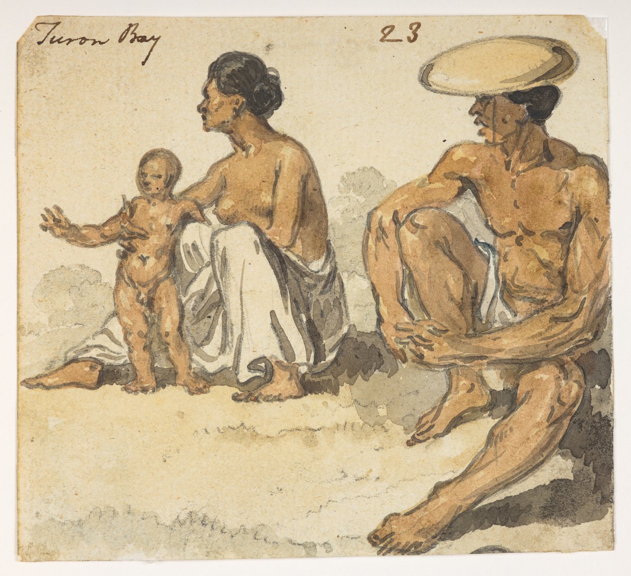 Man, vrouw en kind van Turon Bay. uit een Album van 372 tekeningen van landschappen, kustlijnen, kostuums en het dagelijks leven gemaakt tijdens Lord Macartney