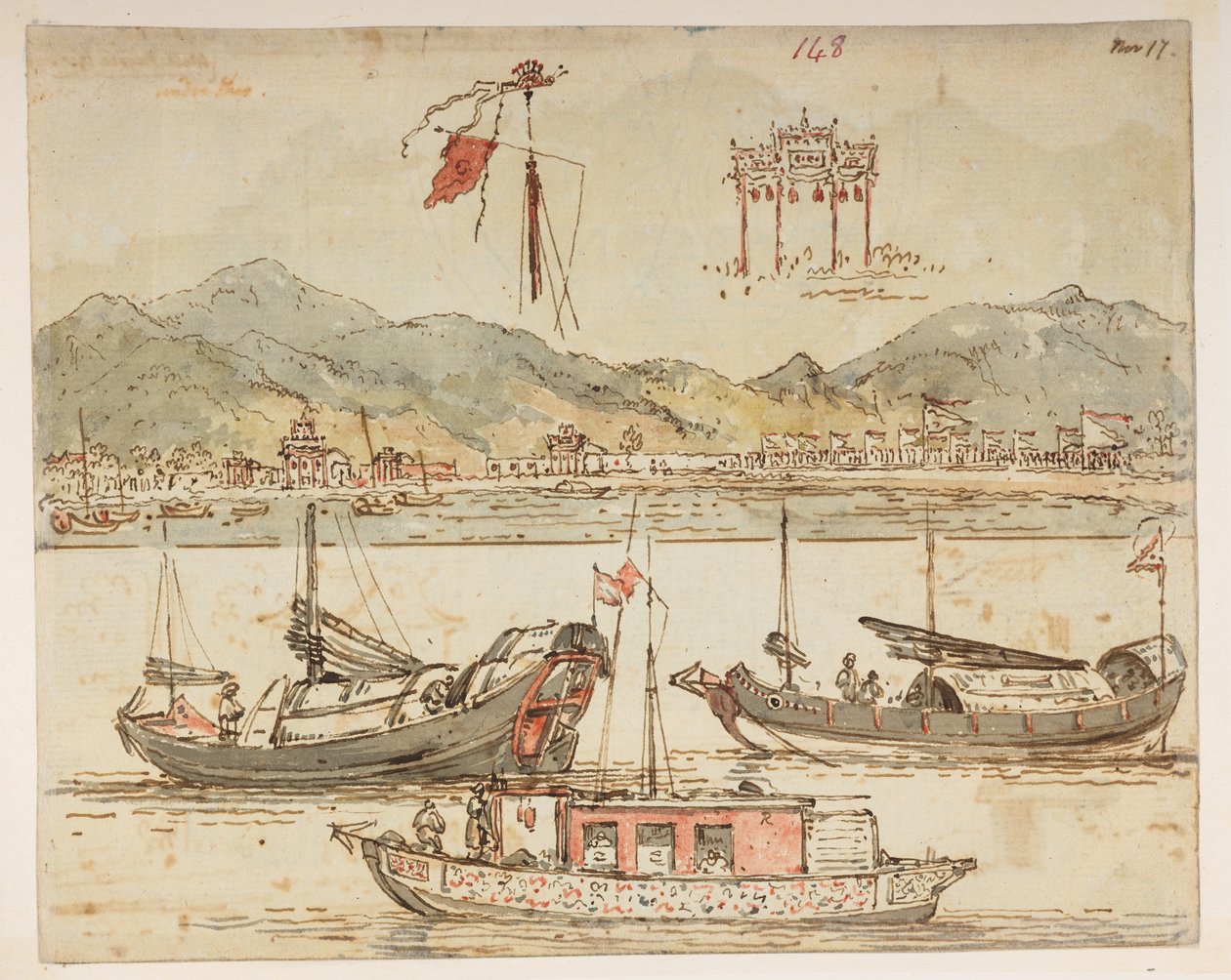 Boten en triomfbogen. uit een Album van 372 tekeningen van landschappen, kustlijnen, kostuums en het dagelijks leven gemaakt tijdens Lord Macartney