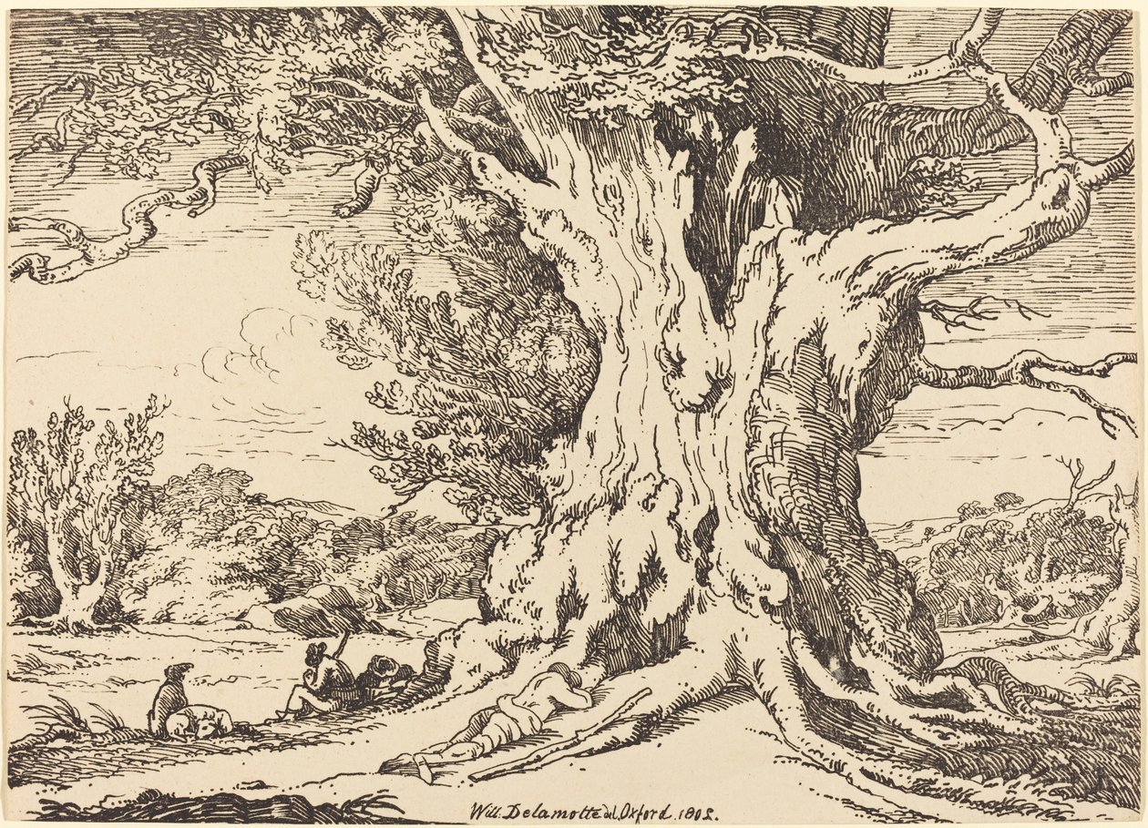 Rustend, mannen en honden onder een grote boom door William Alfred Delamotte