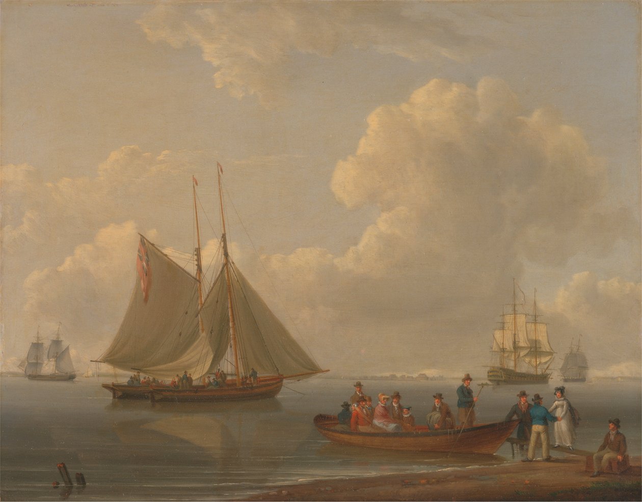 Een wherry die passagiers naar twee voor anker liggende pakketten brengt door William Anderson