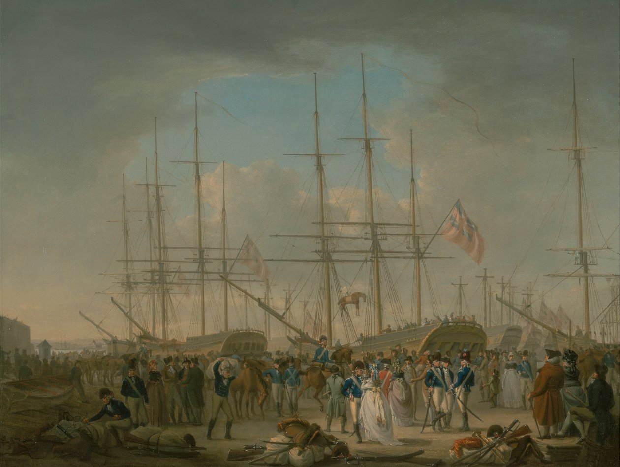 Huzaren inschepen in Deptford door William Anderson
