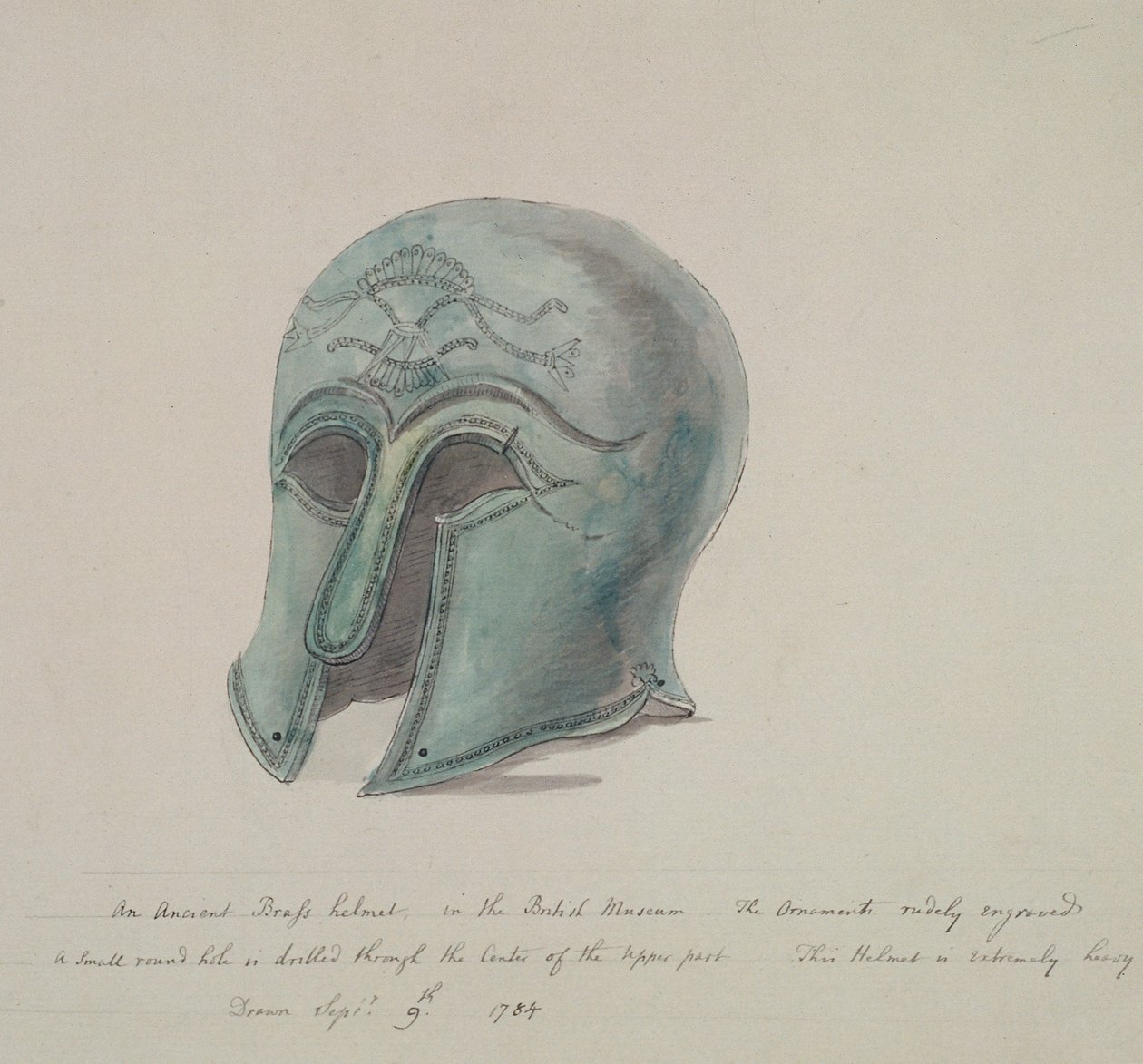 Oude bronzen helm uit het British Museum, Holborn, Londen, 1784 door William Angus