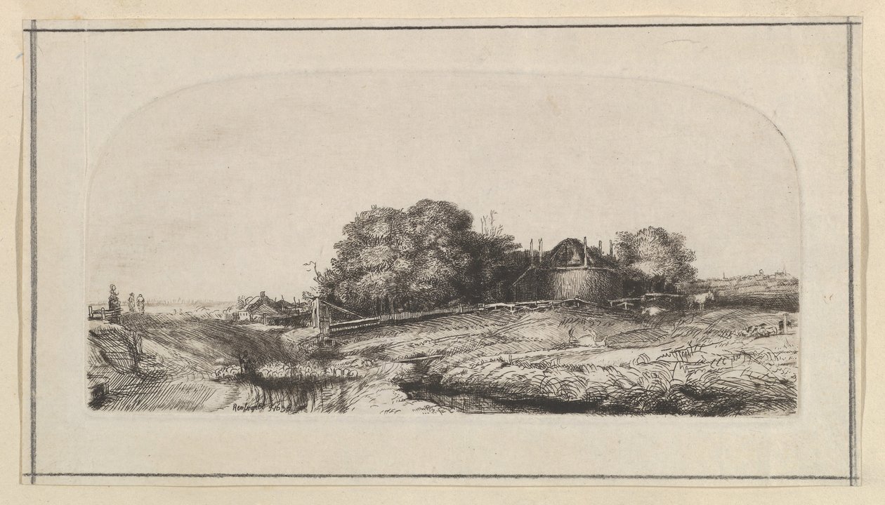 Landschap met een hooischuur en een kudde schapen door William Baillie