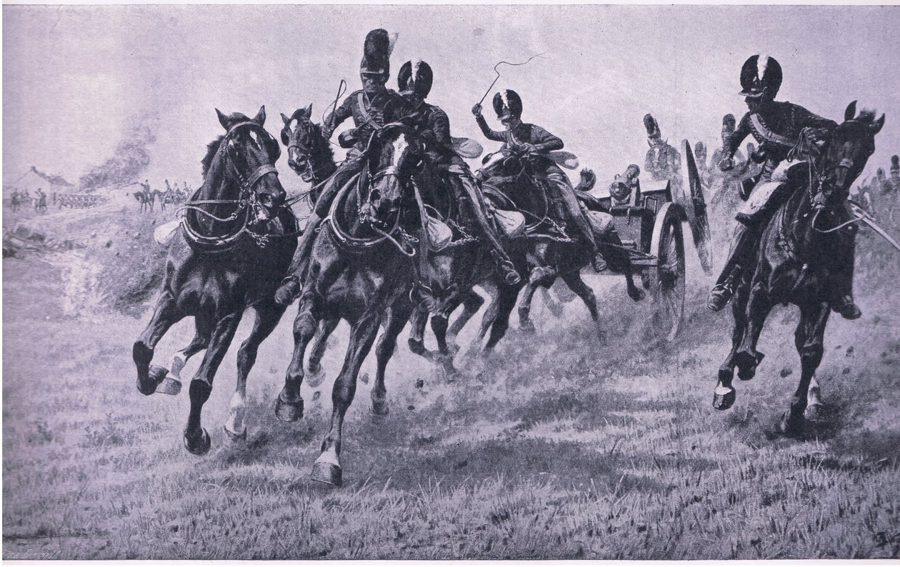 Kanonnen naar voren: Waterloo 18 juni 1815, illustratie uit Britse gevechten op land en zee, 1915 door William Barnes Wollen