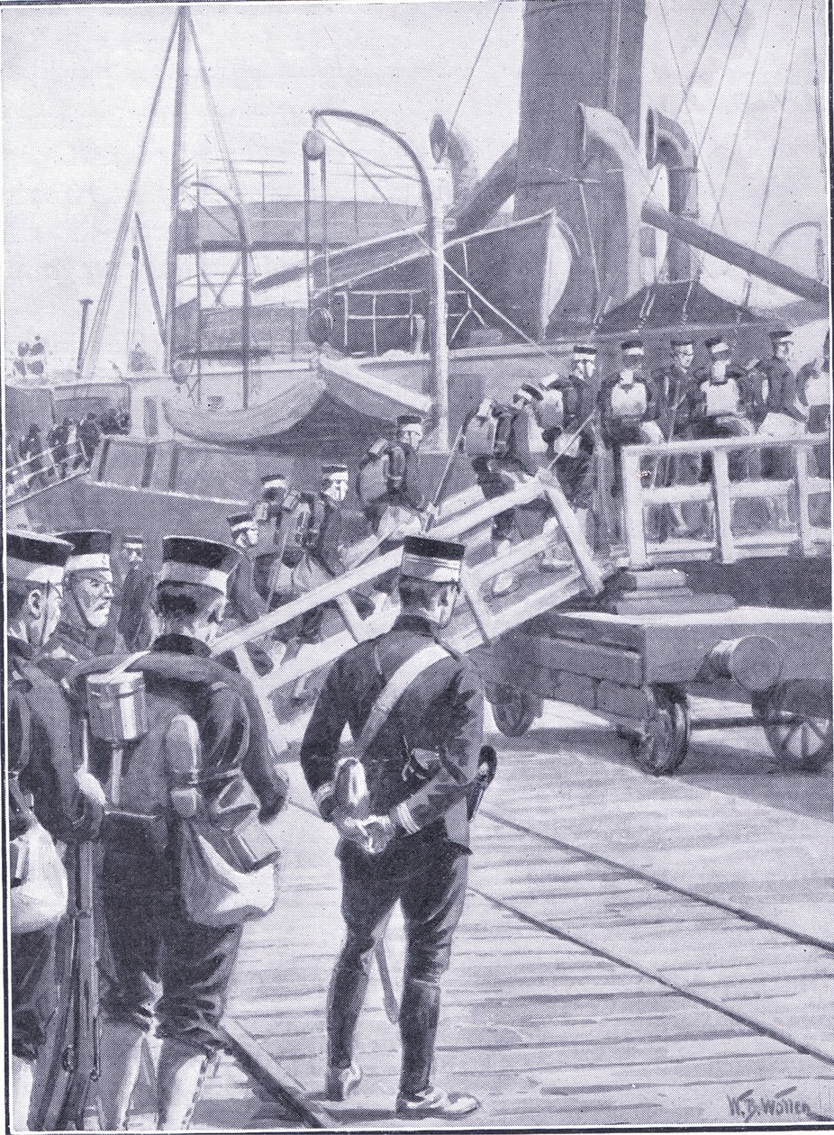 Japanse troepen schepen in bij Kobe, illustratie uit Cassells History of the Russo-Japanese War Vol 1, ca. 1900 door William Barnes Wollen