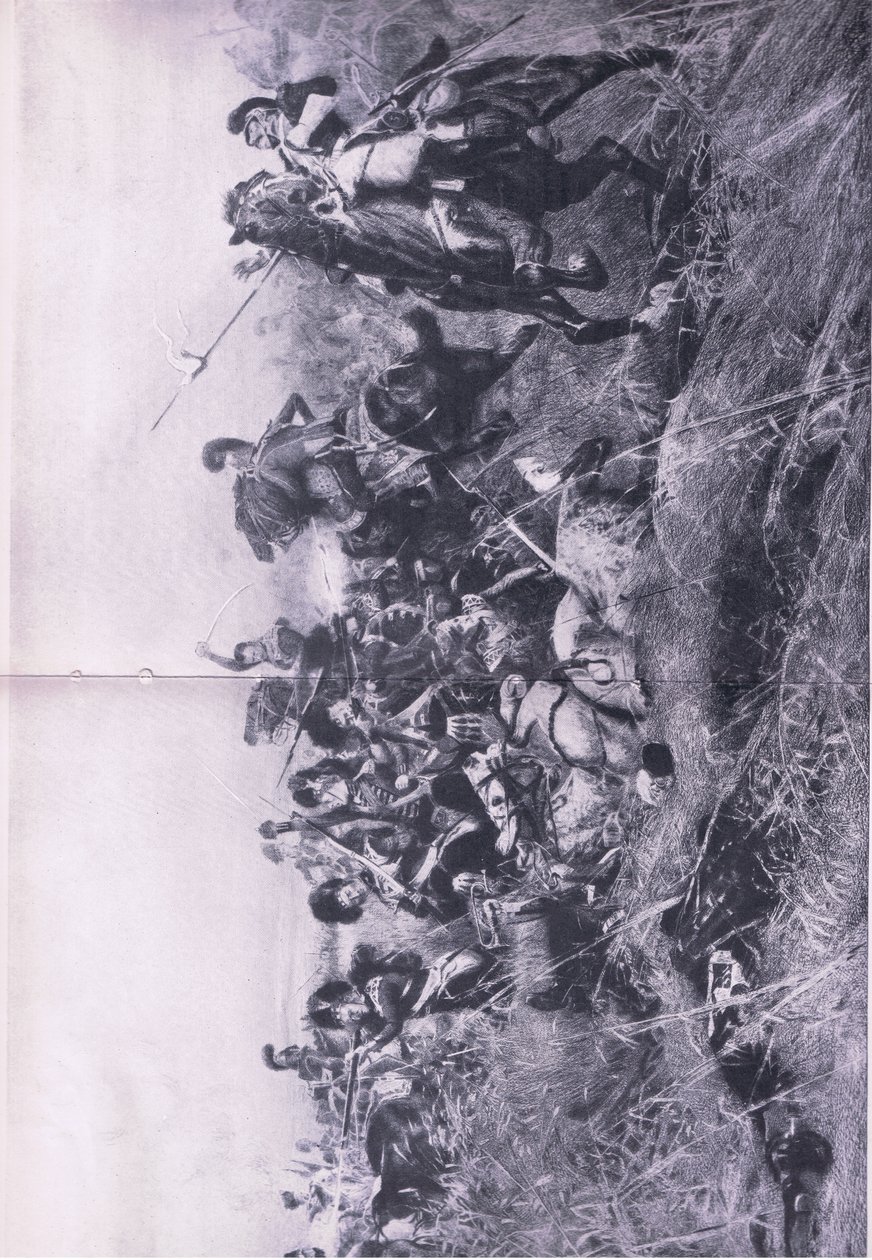 De Black Watch bij de Slag om Quatre Bras 16 juni 1815, illustratie uit Britse gevechten op land en zee, 1915 door William Barnes Wollen