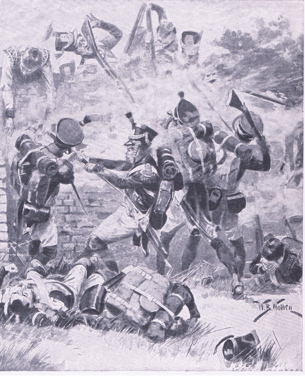 De aanval op de muur bij Hougomont: Waterloo 1815, illustratie uit Britse gevechten op land en zee, 1915 door William Barnes Wollen