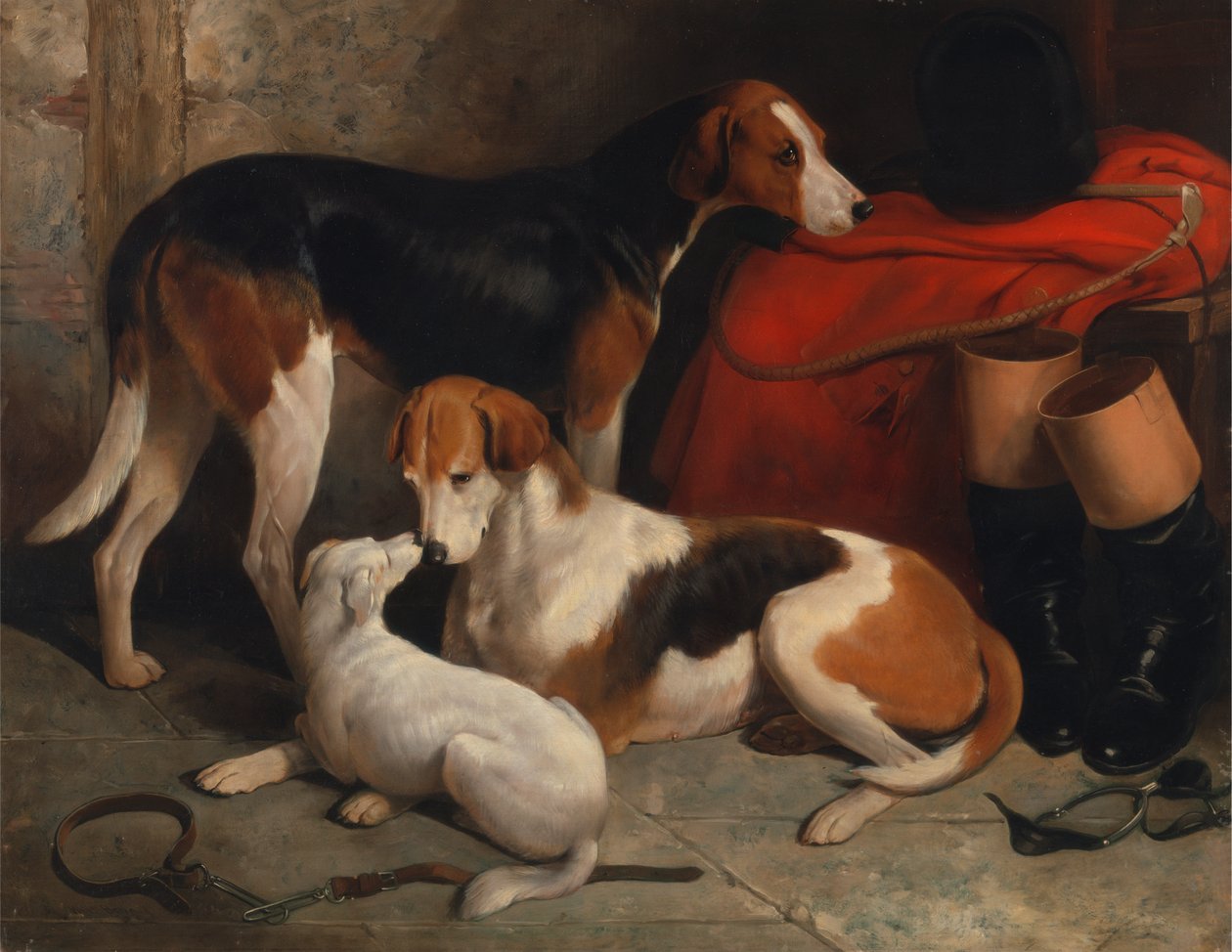 Een Paar Vossenjachthonden met een Terrier, eigendom van Lord Henry Bentinck door William Barraud