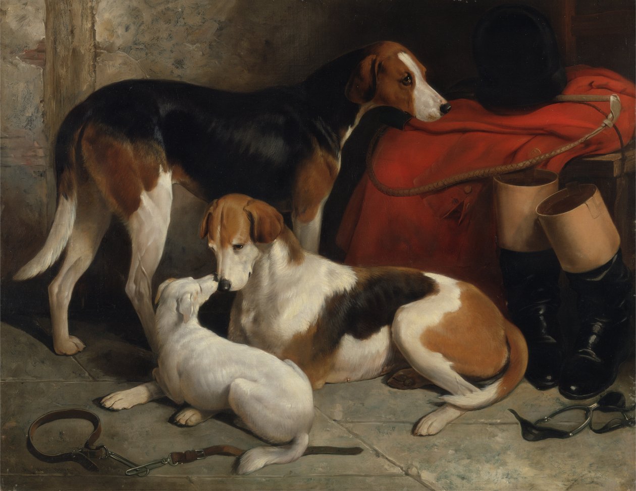 Een Paar Foxhounds van Lord Henry Bentinck met een Terrier, ca. 1845 door William Barraud