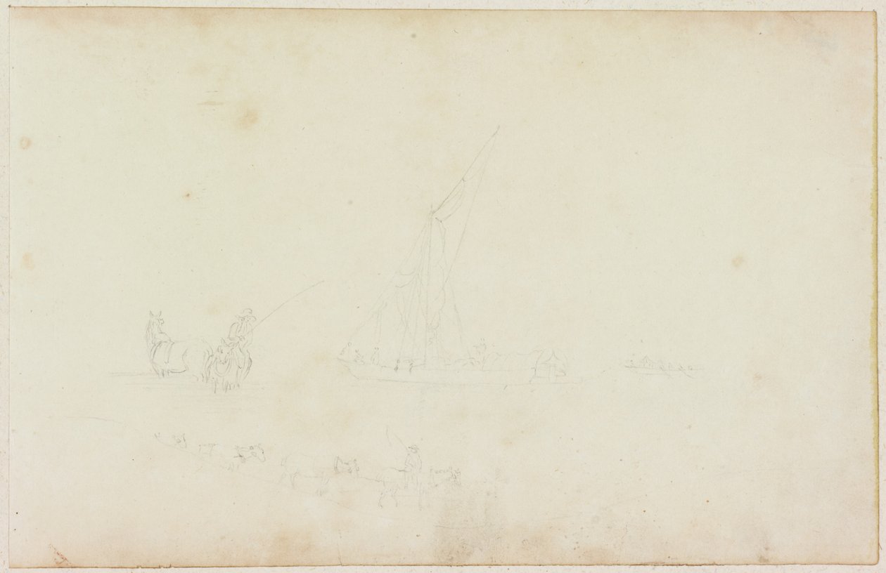 Schets van Schip Roeiboot en Ruiter met Rij Paarden door William Beilby