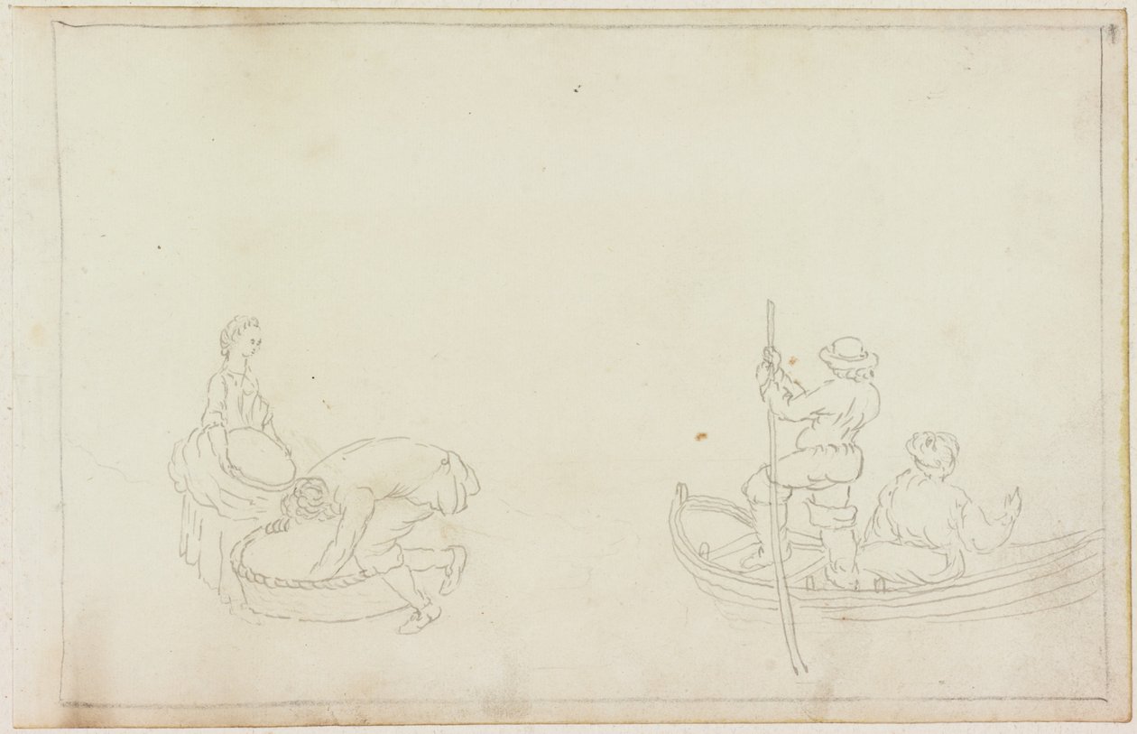 Twee Schippers, en Man en Vrouw met Mand (potlood op papier) door William Beilby