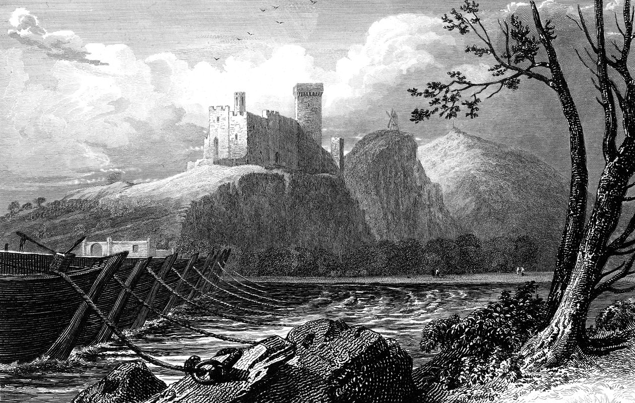 Het kasteel van Beaucaire en een brug van boten over de Rhône, Frankrijk, 1824 door William Bernard Cooke