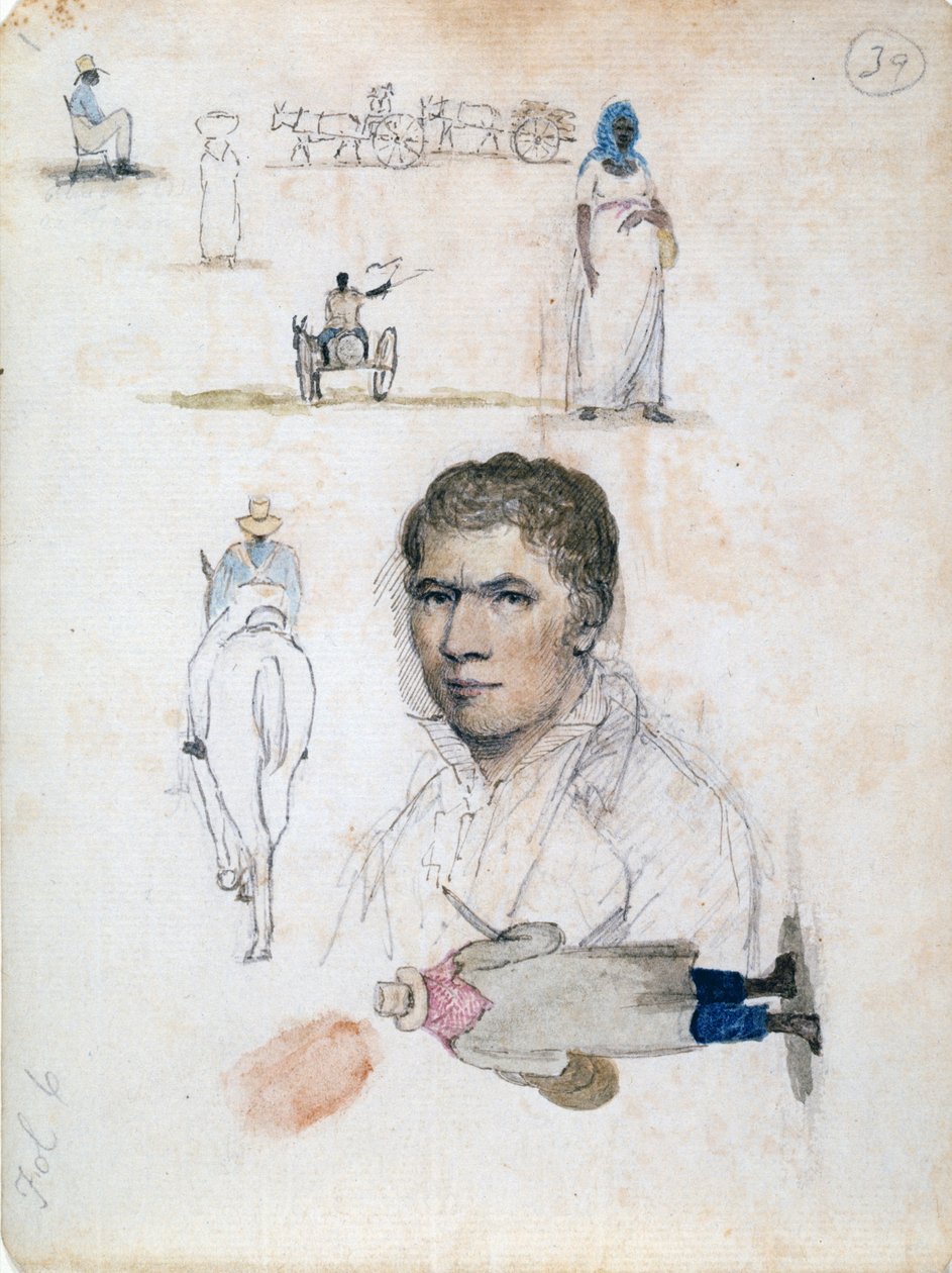 Acht kleine tekeningen, waaronder portret, figuurstudies, karren, door kunstenaar William Berryman door William Berryman