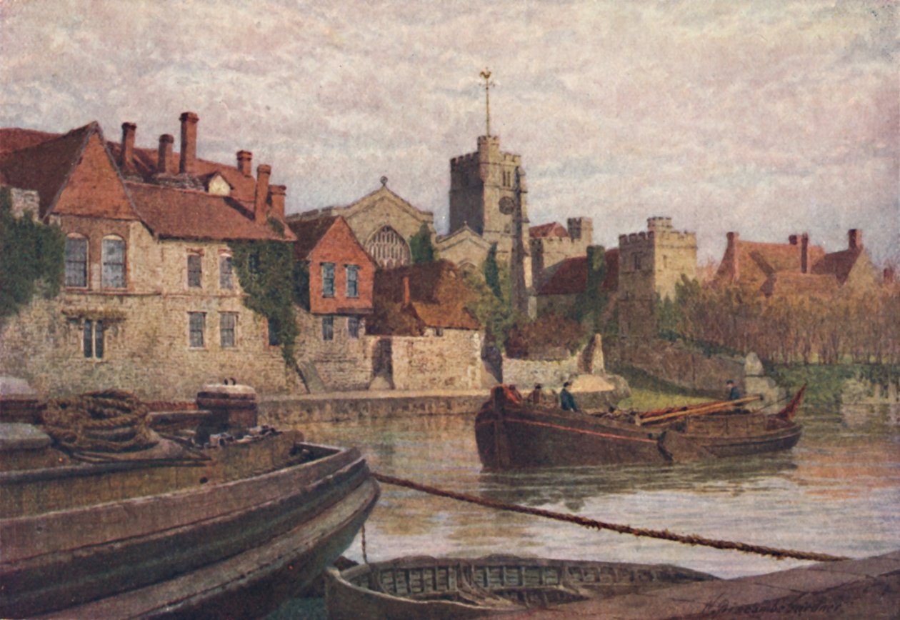 Maidstone. Achterkant van het Oude Paleis, De Kerk en Oude College vanaf de overkant van de Medway, ca. 1900 door William Biscombe Gardner