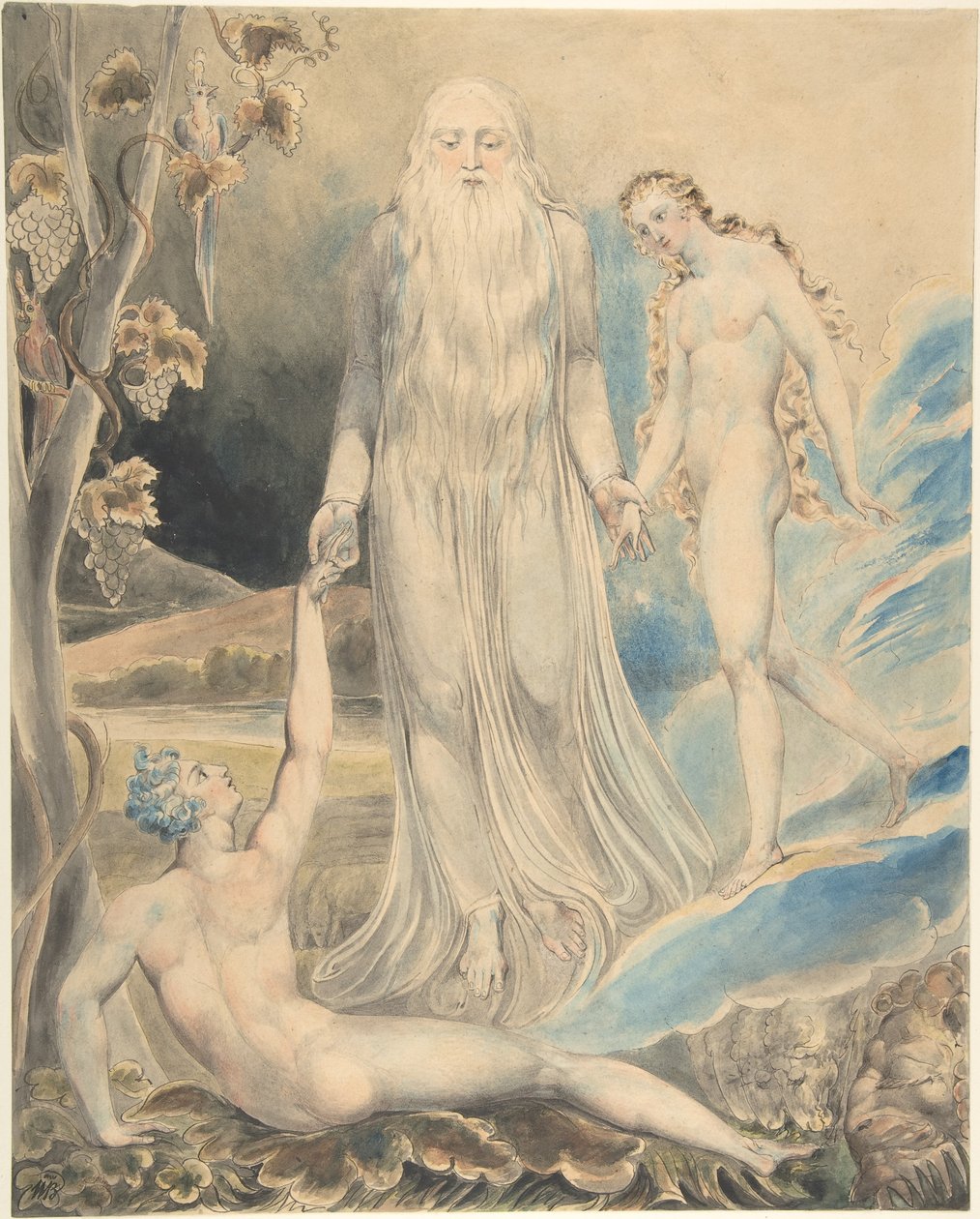 Engel van de Goddelijke Aanwezigheid die Eva naar Adam brengt (De schepping van Eva: „En zij zal ‘vrouw’ worden genoemd“) (voorzijde); Schets hiervoor (achterzijde) door William Blake