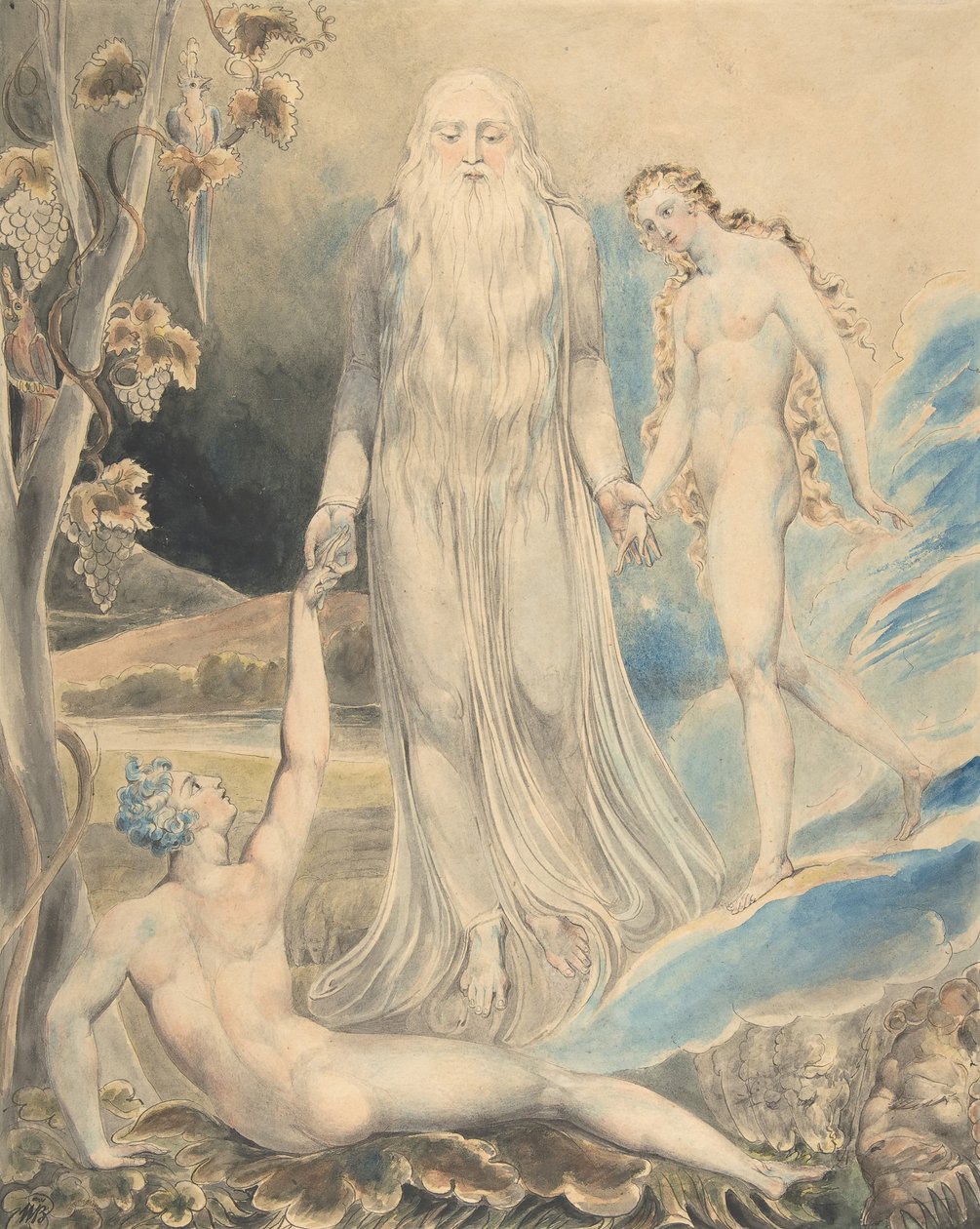 Engel van de Goddelijke Aanwezigheid brengt Eva naar Adam De Schepping van Eva..., recto..., 1803 door William Blake