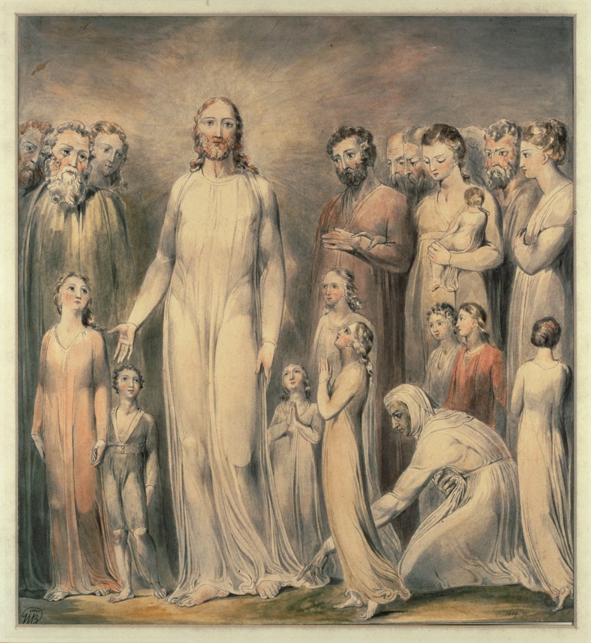 Christus geneest de vrouw met een bloedkwaal ... (aquarel) door William Blake