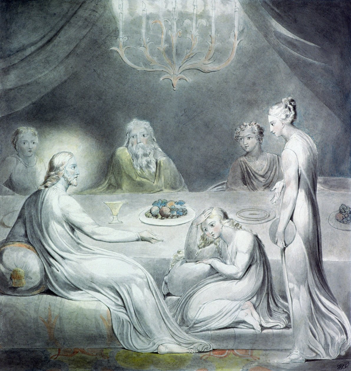 Christus in het huis van Martha en Maria of De Berouwvolle Magdalena door William Blake