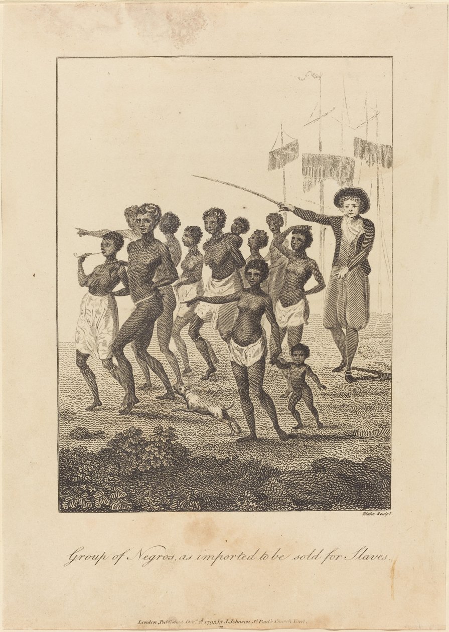 Groep zwarte mensen, geïmporteerd om als slaven te worden verkocht door William Blake