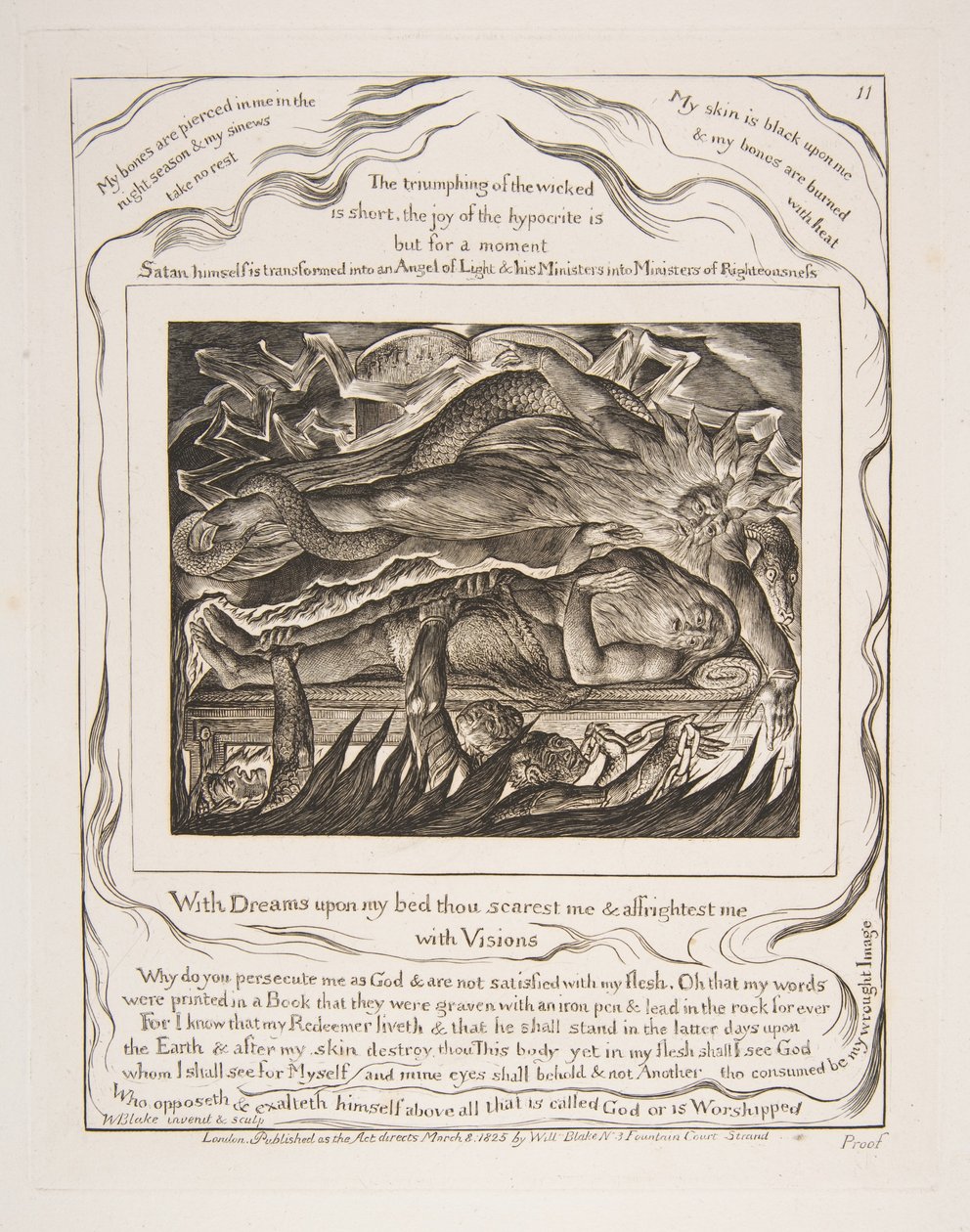 Jobs Kwade Dromen, uit Illustraties van het Boek Job, 1825-26 door William Blake