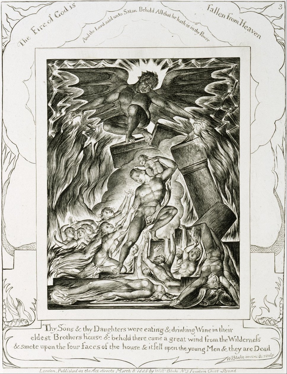 De zonen en dochters van Job, overweldigd door Satan door William Blake