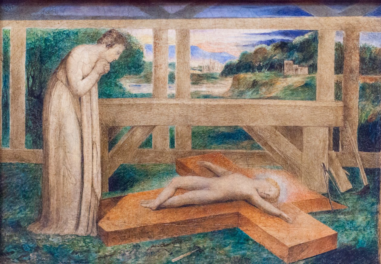 Onze Lieve Vrouw aanbidt het slapende kindje Jezus op een kruis, circa 1799-1800 door William Blake