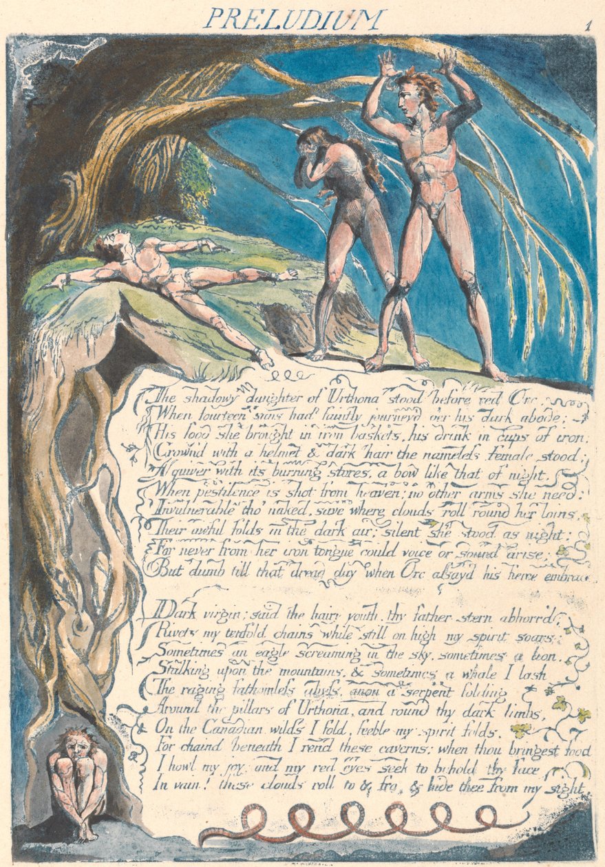 Präludium. "Die schattenhafte Tochter von Urthona stand vor dem roten Orc..." (Platte 3) door William Blake