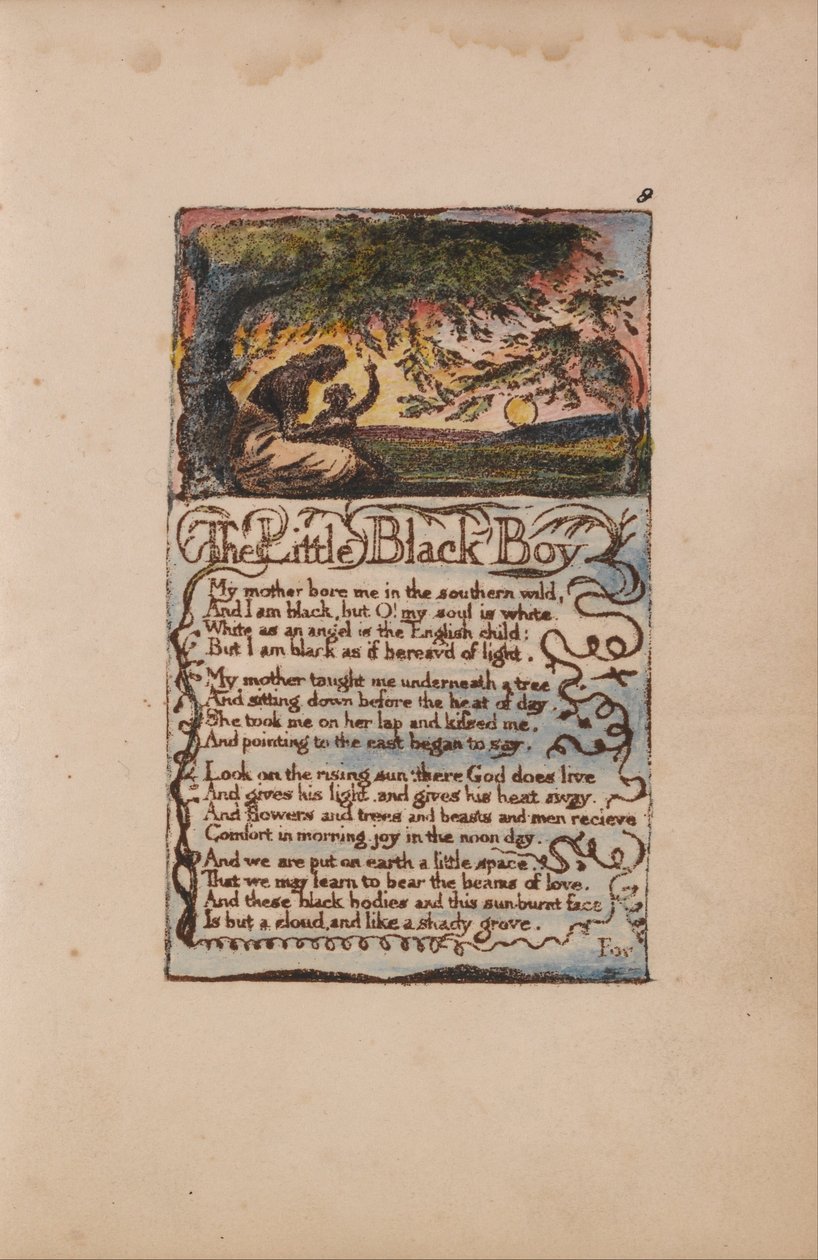 Liederen van Onschuld en Ervaring, Plaat 8, De Kleine Zwarte Jongen (Bentley 9) door William Blake