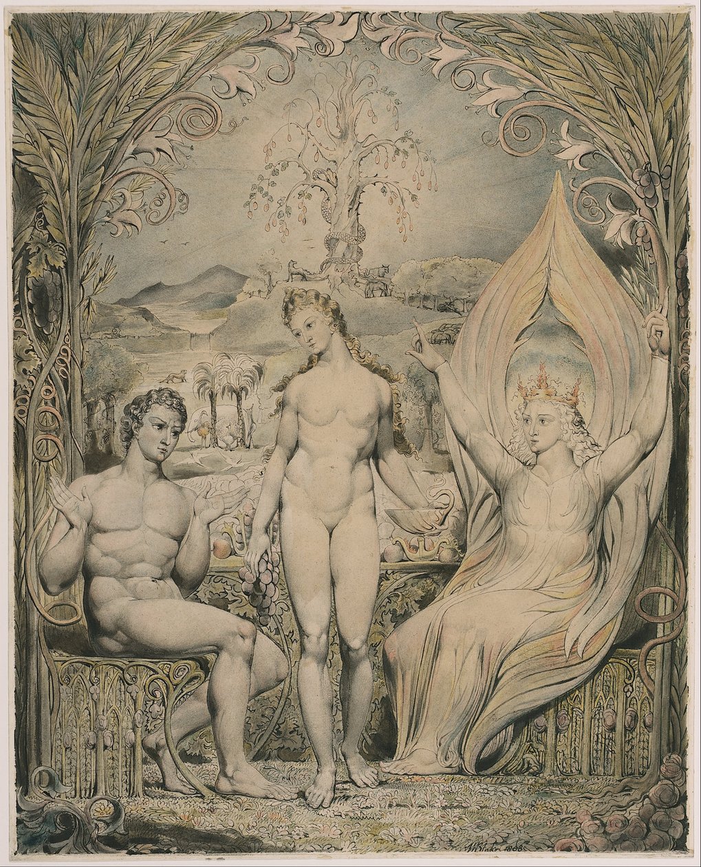 De aartsengel Rafaël met Adam en Eva (illustratie bij Miltons „Paradise Lost“) door William Blake