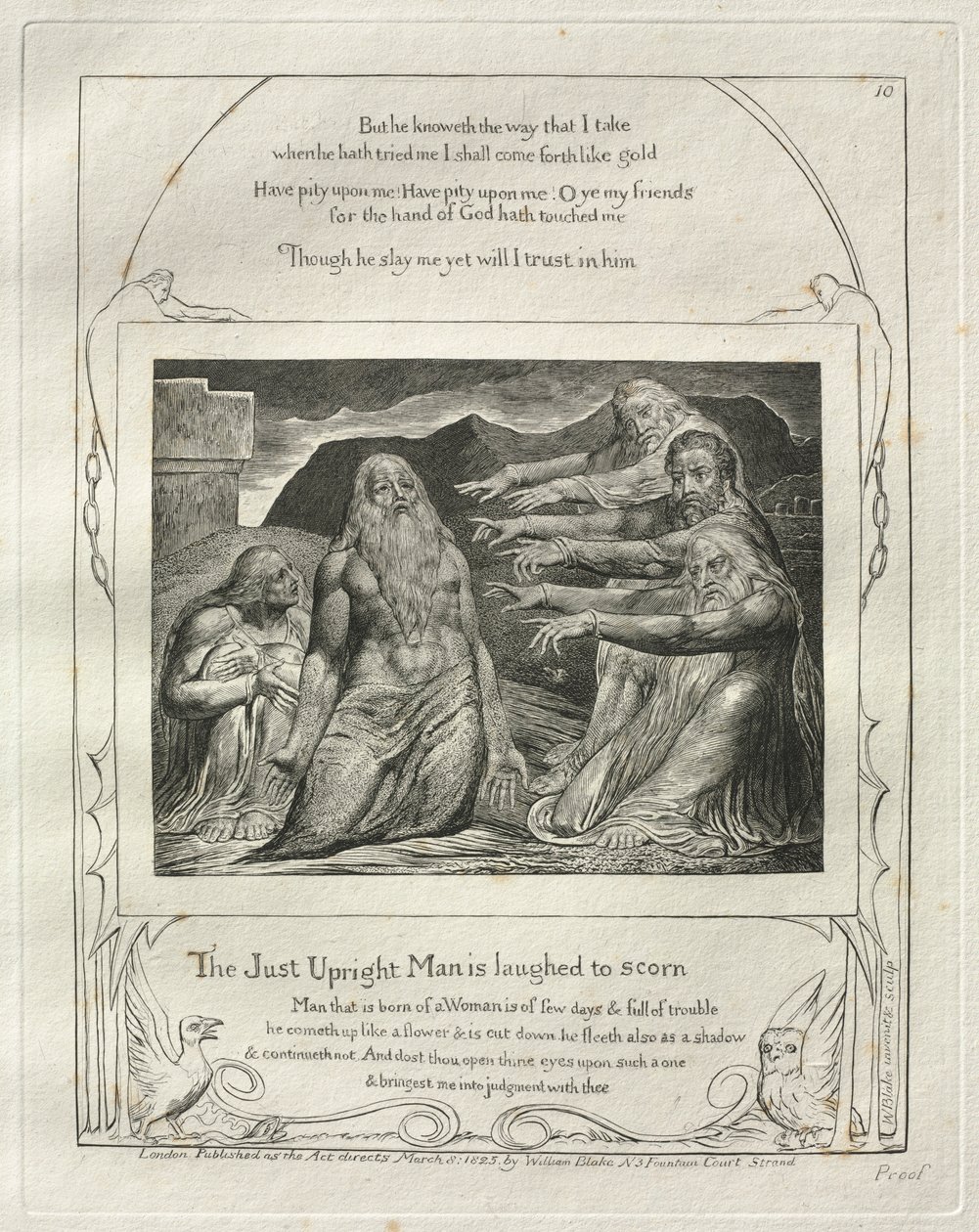 Het boek Job: Pl. 10, De rechtvaardige oprechte man wordt bespot door William Blake