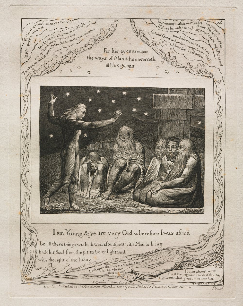 Het Boek Job: Pl. 12, Ik ben jong en jullie zijn heel oud, daarom was ik bang, 1825 door William Blake