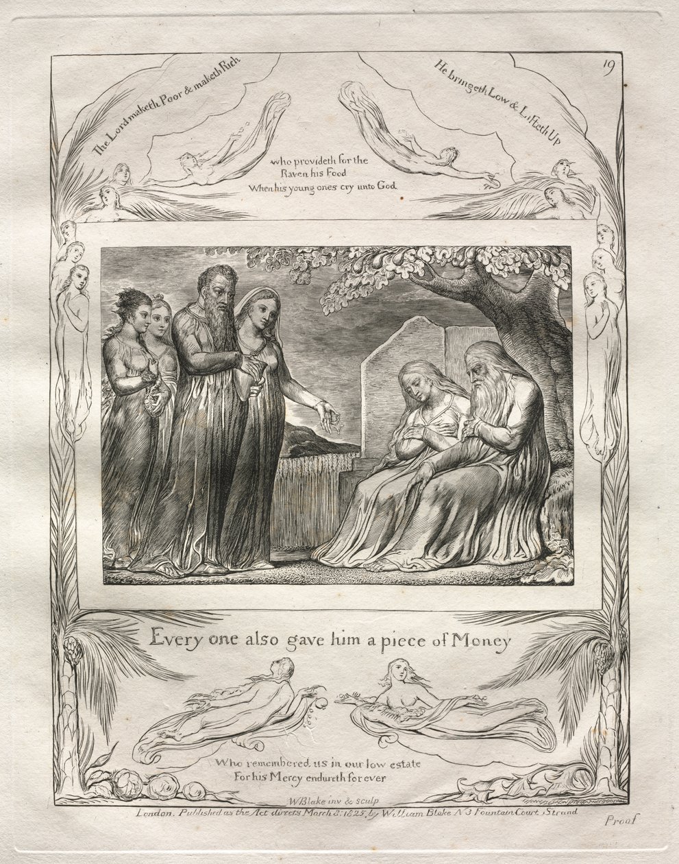 Het Boek Job: Pl. 19, Iedereen gaf hem ook een stuk Geld door William Blake