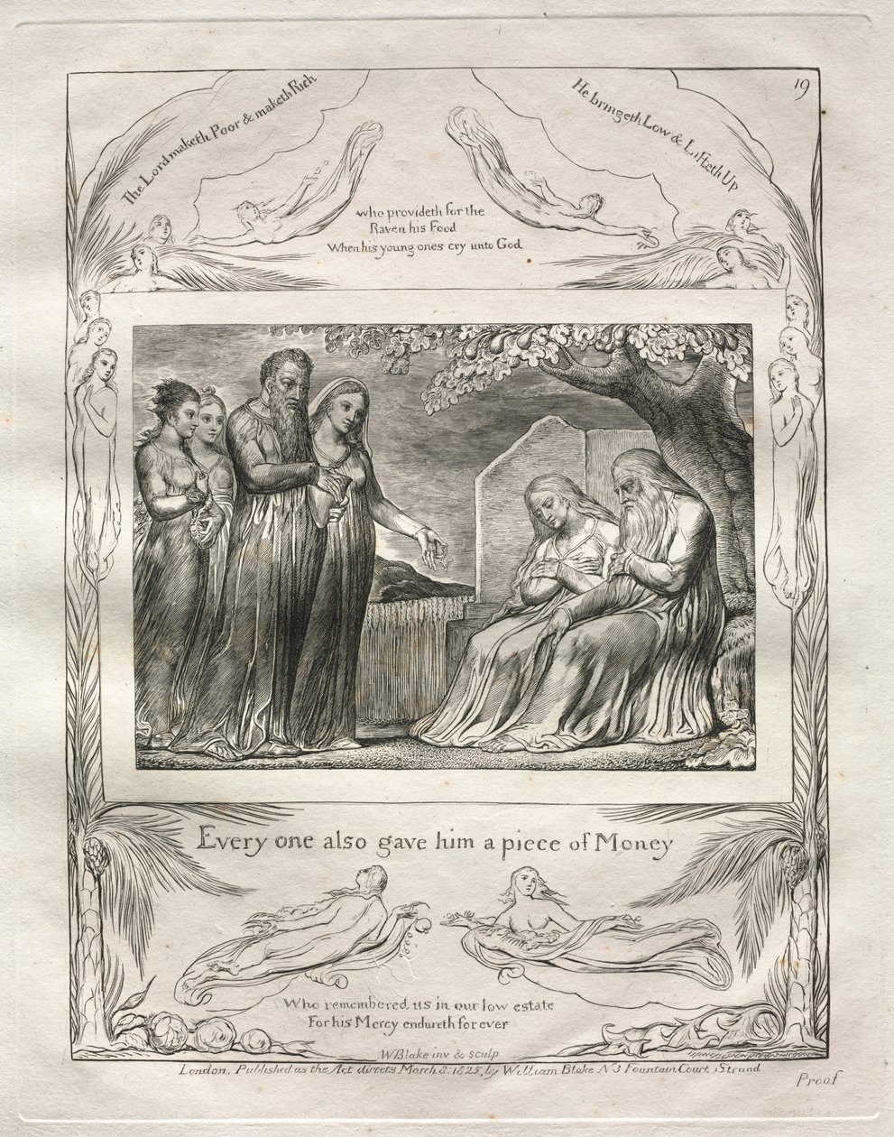 Het Boek van Job: Pl. 19, Iedereen gaf hem ook een stuk geld door William Blake