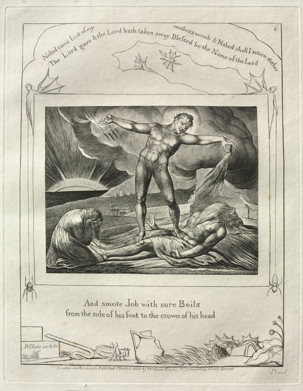 Het Boek Job: Pl. 6, En sloeg Job met pijnlijke Zweren / van de zool van zijn voet tot de kroon van zijn hoofd door William Blake