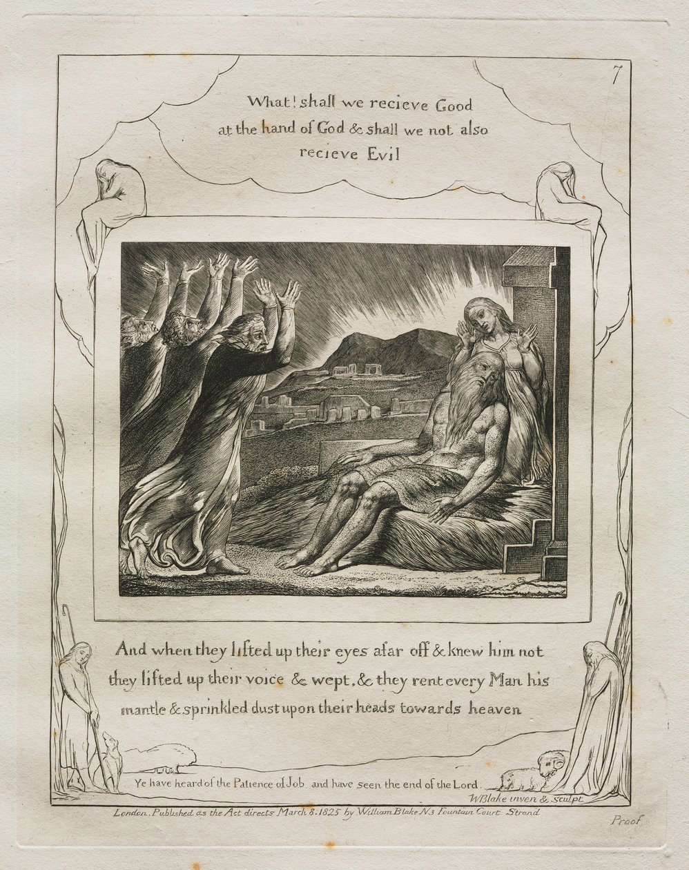 Het Boek van Job: Pl. 7, En toen ze hun ogen van verre ophieven en hem niet herkenden..., 1825 door William Blake