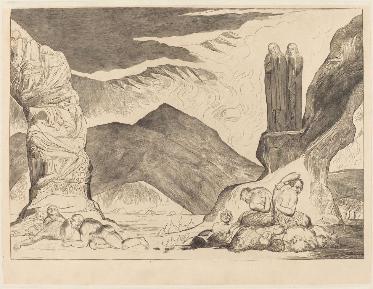 De Cirkel van de Vervalsers; Dante en Vergilius die hun Neus Bedekken vanwege de Stank door William Blake