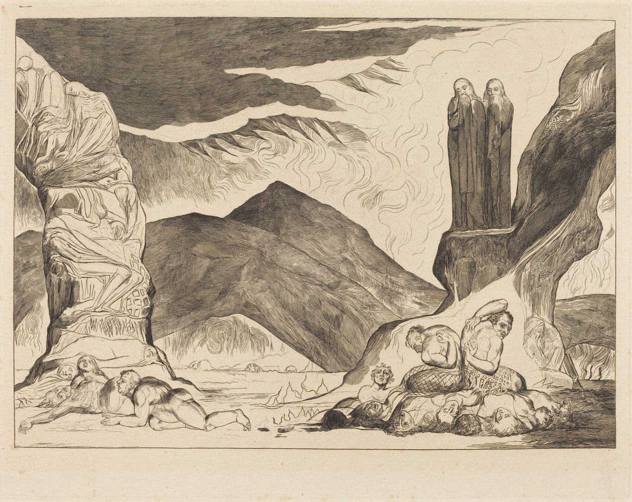 De kring van de vervalsers: Dante en Vergilius bedekken hun neus vanwege de stank door William Blake