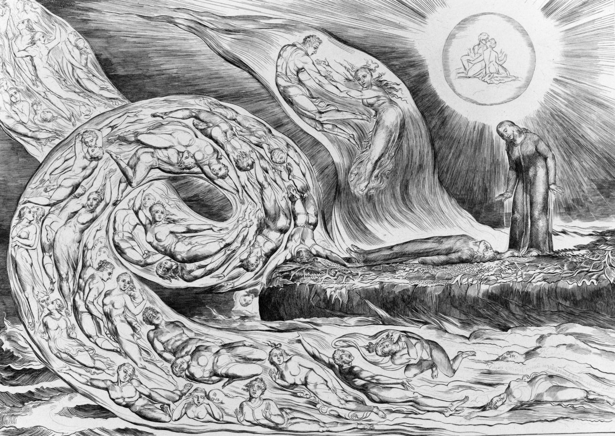 De kring der wellustigen: Paolo en Francesca, uit Dantes Goddelijke komedie (Inferno) door William Blake