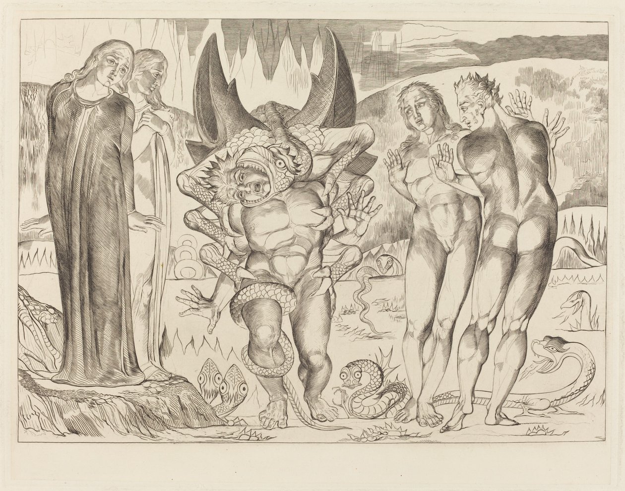 De Cirkel van de Dieven; Agnolo Brunelleschi Aangevallen door een Zesvoetige Slang door William Blake