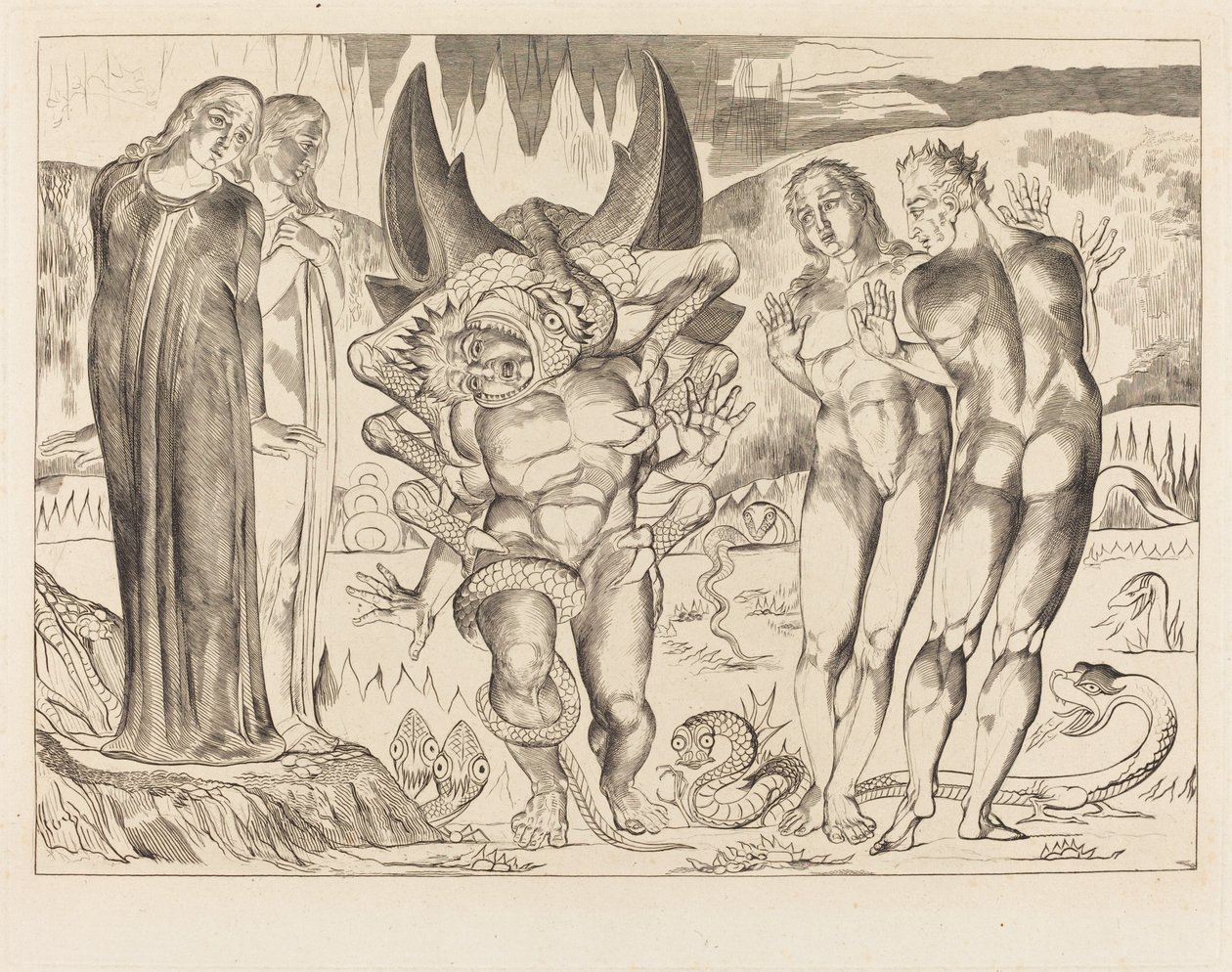 De Cirkel van de Dieven; Agnolo Brunelleschi Aangevallen door een Zesvoetige Slang door William Blake