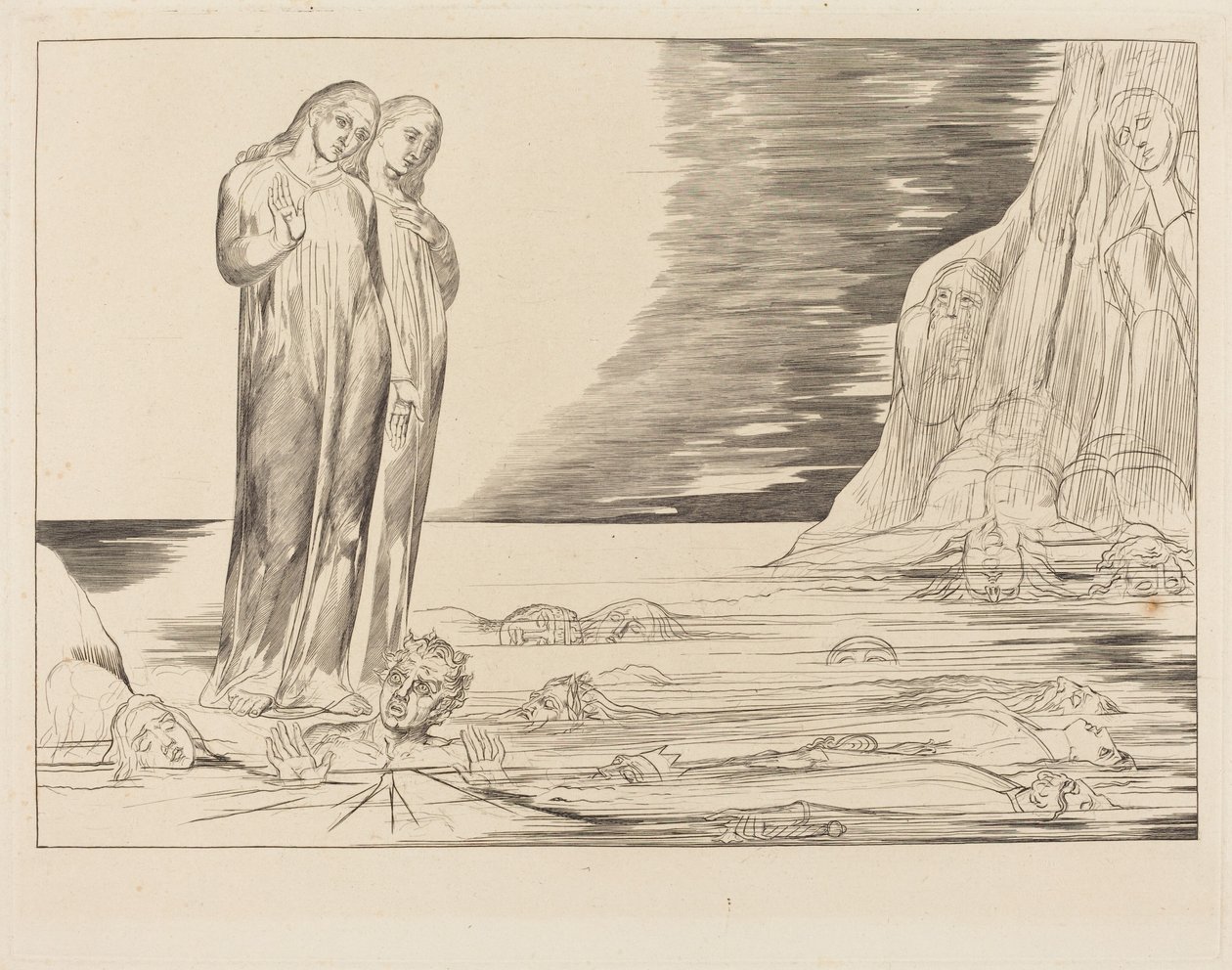 De cirkel van de verraders; Dante’s voet die de Bocca degli Abbate raakt door William Blake