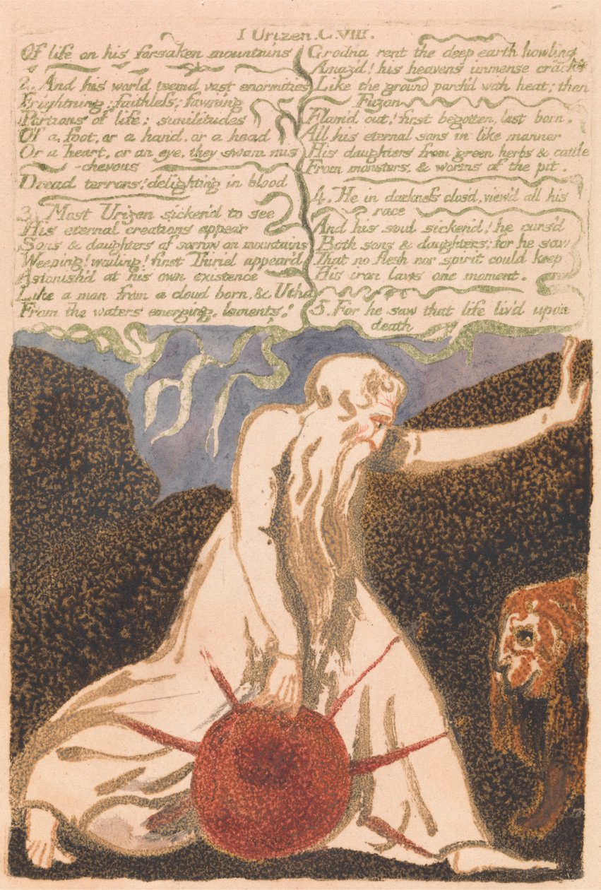 Het eerste boek van Urizen, plaat 20, "Van het leven verlaten bergen..." (Bentley 23) door William Blake