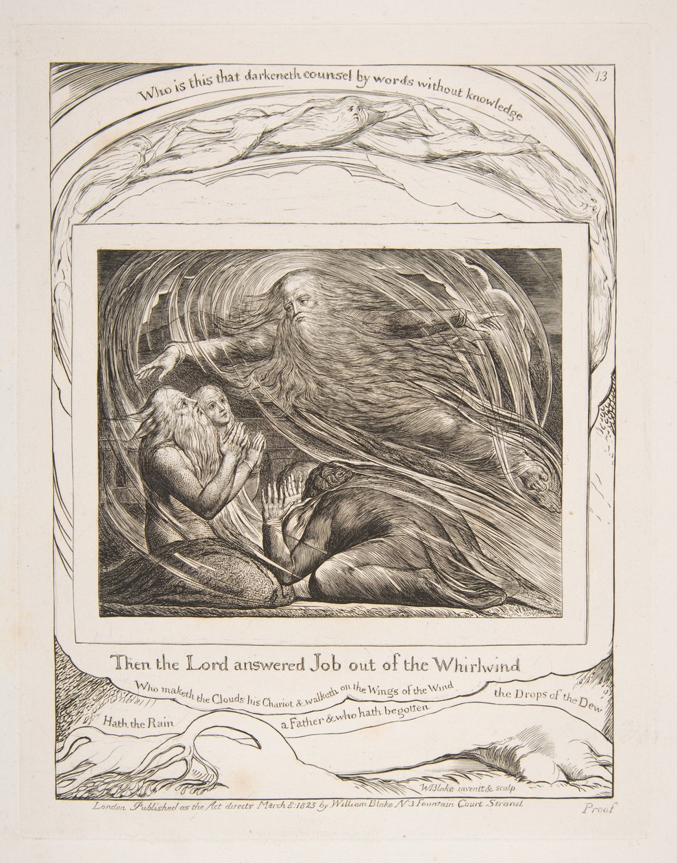 De Heer Beantwoordt Job uit de Wervelwind, uit Illustraties van het Boek Job, 1825-26 door William Blake