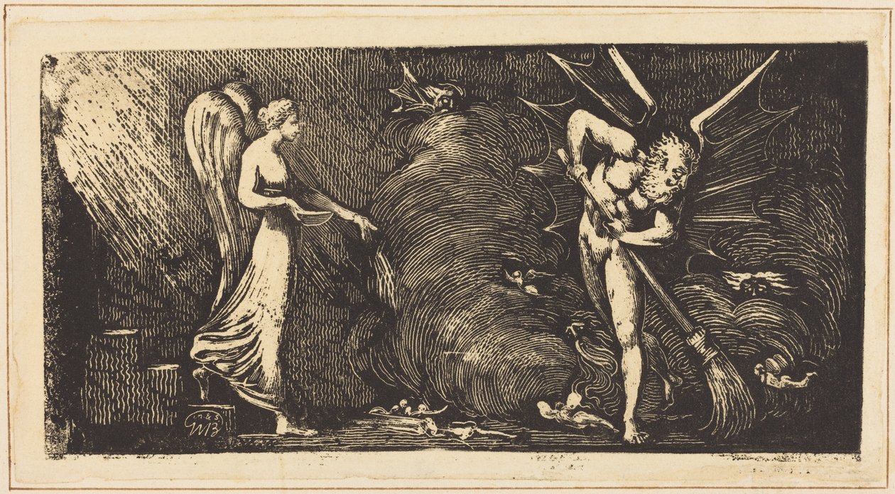 De man die de salon van de uitlegger veegt door William Blake
