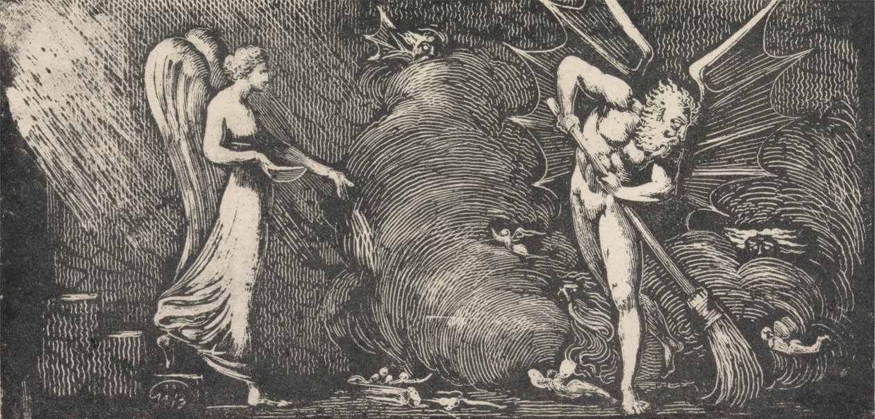 De man die de kamer van de tolk veegt door William Blake